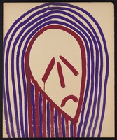 view A head tilted to left, with downturned mouth and long purple hair (Christ?). Watercolour by M. Bishop, 1967.