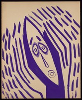 view A purple face in anguish, with raised arms and purple darts. Watercolour by M. Bishop, 1967.