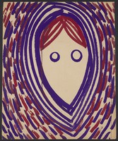 view A red and purple head in an aureole. Watercolour by M. Bishop, 1967.