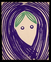 view A green and purple head in an aureole. Watercolour by M. Bishop, 1967.