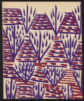 view Purple plants on purple and red flowerbeds. Watercolour by M. Bishop, 1967.