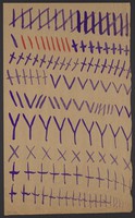 view Purple crosses, saltires, Y-shapes, V-shapes etc. and red diagonals. Watercolour by M. Bishop, ca. 1977.