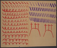 view Red diagonals and loops (left); purple diagonals with two red Calvaries (right); representing suffering. Watercolour by M. Bishop, 1977.