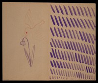 view (Left) a red bird biting a purple flower; (right) purple diagonals with red dots. Watercolour by M. Bishop, ca. 1977.