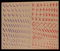 view Left, ten rows of purple hooks, diagonals and whorls; right, twelve rows of red saltires, crosses, circles, dots and dashes. Watercolour by M. Bishop, ca. 1977.