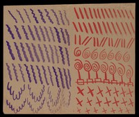 view Left, red crosses, straps, whorls and diagonals; right, purple spirals and trees. Watercolour by M. Bishop, ca. 1977.