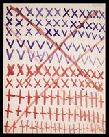 view Purple and red crosses, saltires and V-forms criss-crossed diagonally in red. Watercolour by M. Bishop, ca. 1977.