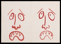 view Two faces with downturned mouths. Watercolour by M. Bishop, ca. 1977.