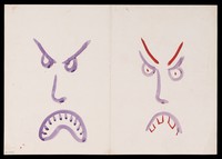 view Two frowning faces with downturned mouths. Watercolour by M. Bishop, ca. 1977.