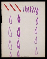 view Purple teardrops, purple verticals and red diagonals. Watercolour by M. Bishop, 1976.