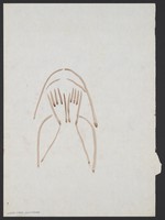 view A woman in despair, covering her face with her hands. Watercolour by M. Bishop, 1976.