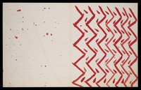 view Left, blank; right, red zigzags and teardrops. Watercolour by M. Bishop, 1976.