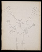 view A blindfolded man standing, threatened by two hands bearing a dagger and a club. Drawing by M. Bishop, 1976.