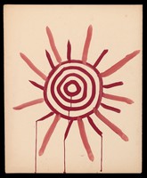 view A red sun of concentric circles with radiant and dripping lines. Watercolour by M. Bishop, 1967.