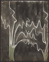 view White jagged lines on a black ground, with green tree trunks; representing a path through a dark forest. Watercolour by M. Bishop, 1970.