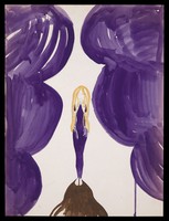 view A woman standing barefoot on a brown rock, hemmed in by purple boulders or clouds. Watercolour by M. Bishop, 1969.