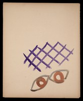 view A pair of eyes above a purple grid. Watercolour by M. Bishop, 1967.