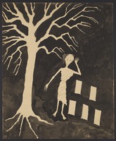 view An agitated woman in darkness; left, a tree; right, windows. Watercolour by M. Bishop, 1958.