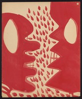 view Outlines of wo faces facing each other, one with rounded and the other with jagged features. Watercolour by M. Bishop, 1966.