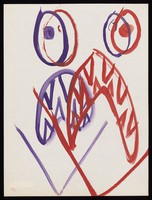 view A face with a mouth showing sharp teeth. Watercolour by M. Bishop, 1969.