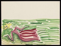 view A woman in a red dress lying dead in a green stream. Watercolour by M. Bishop, 1970.