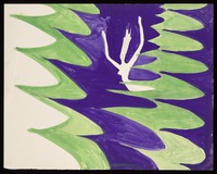 view A woman drowning in a sea of jagged green and purple waves. Watercolour by M. Bishop, 1969.