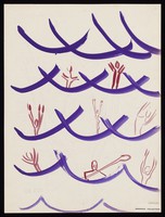 view Purple waves, in which seven people are drowning and one is holding an oar. Watercolour by M. Bishop, 1970.