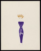 view A woman in a purple dress with her arms entwined with each other. Watercolour by M. Bishop, 1969.