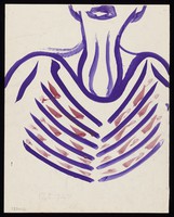 view The head and trunk of a woman showing purple ribs and red darts. Watercolour by M. Bishop, 1969.