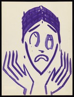 view A woman raising her hands to her face in despair. Watercolour by M. Bishop, 1970.