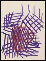 view A red drinking vessel obscured by purple grids. Watercolour by M. Bishop, 1970.