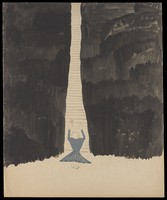 view A woman bowed down before a high stairway arising between two black cliffs. Watercolour by M. Bishop, 1958.