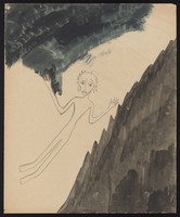 view A woman falling down a gulf between a blue-black bluff and a jagged black cliff. Watercolour by M. Bishop, 1958.