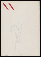 view A female angel with her arms tied to her side; two red diagonals above. Drawing by M. Bishop, 1975.