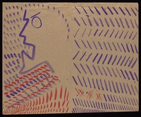 view Left, outline of a face with purple and red dabs and darts; right, purple diagonals with red double-saltires. Watercolour by M. Bishop.