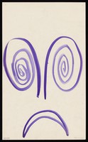 view A face with volutes as eyes and a downturned mouth, representing dejection. Watercolour by M. Bishop, 1971.