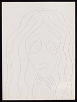 view A girl with long hair, in distress. Drawing by M. Bishop, 1969.