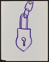 view A padlock attached to a chain. Watercolour by M. Bishop, 1970.