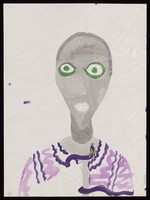 view A woman with a grey face holding a snake. Watercolour by M. Bishop, 1969.