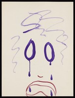 view Purple eyes weeping with a red mouth downturned. Watercolour by M. Bishop, 1970.