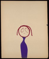 view A woman with a round red head and a purple bottle-shaped body. Watercolour by M. Bishop, 1967.