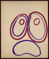 view Two eyes as two sets of red and purple nested circles, with a downturned purple mouth. Watercolour by M. Bishop, 1967.