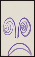 view A face with volutes as eyes and a downturned mouth, representing dejection. Watercolour by M. Bishop, 1971.