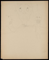 view A man looking upwards (the soul), being strangled by an angry man and a man representing religious fear of death. Drawing by M. Bishop, 1969.