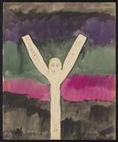 view A woman crucified on a Y-shaped cross. Watercolour by M. Bishop, 1958.