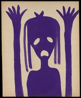 view A purple woman with raised arms. Watercolour by M. Bishop, 1962.