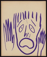 view Head of a purple figure with raised hands. Watercolour by M. Bishop, 1963.