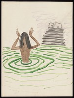 view An Indian man bathing in the green water of the Ganges, with a ghat beyond. Watercolour by M. Bishop, 1970.