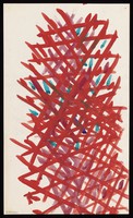view A dense red mesh with purple and turquoise darts. Watercolour by M. Bishop, 19--.