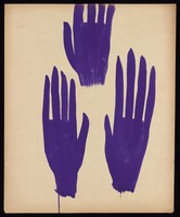 view Three purple hands. Watercolour by M. Bishop, 1963.